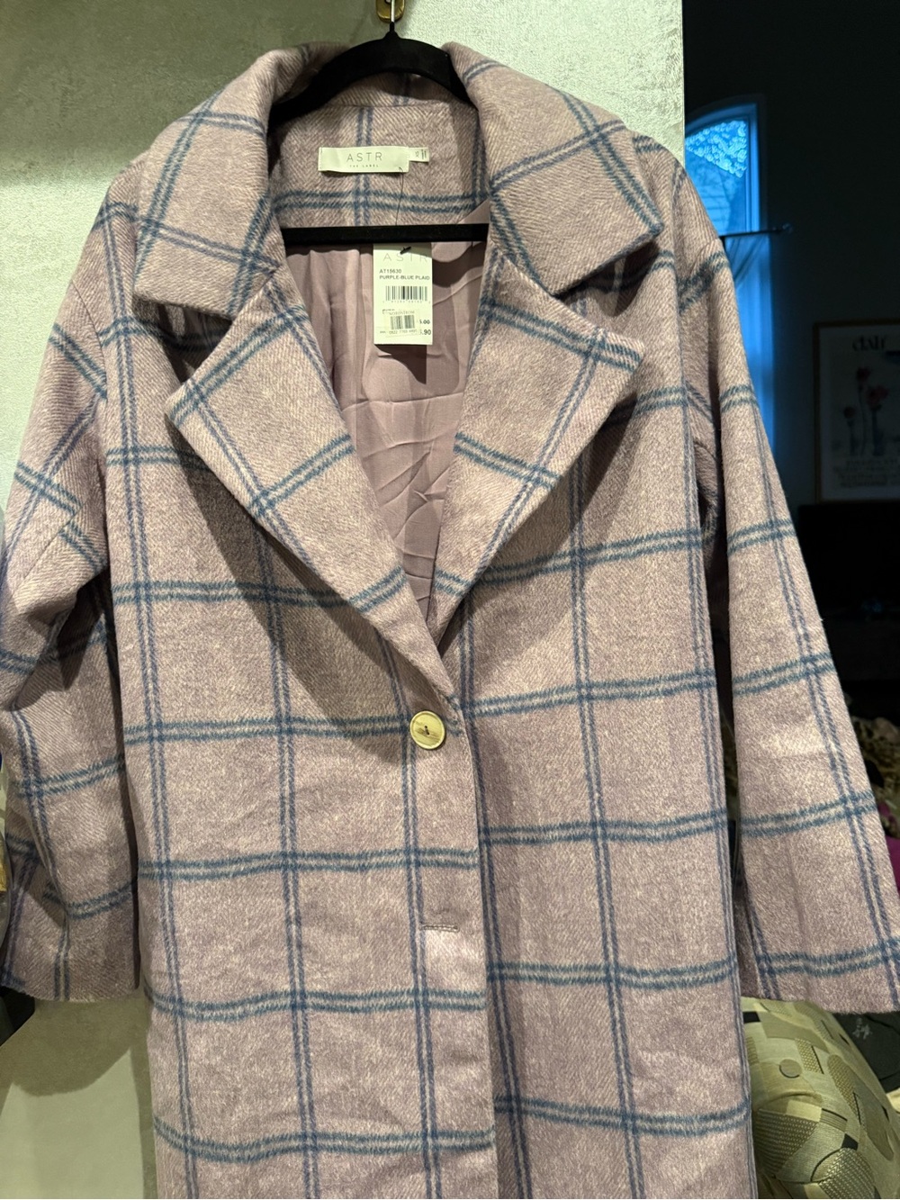 ASTR Mauve Plaid Single-Button Trench Coat with Blue Windowpane
